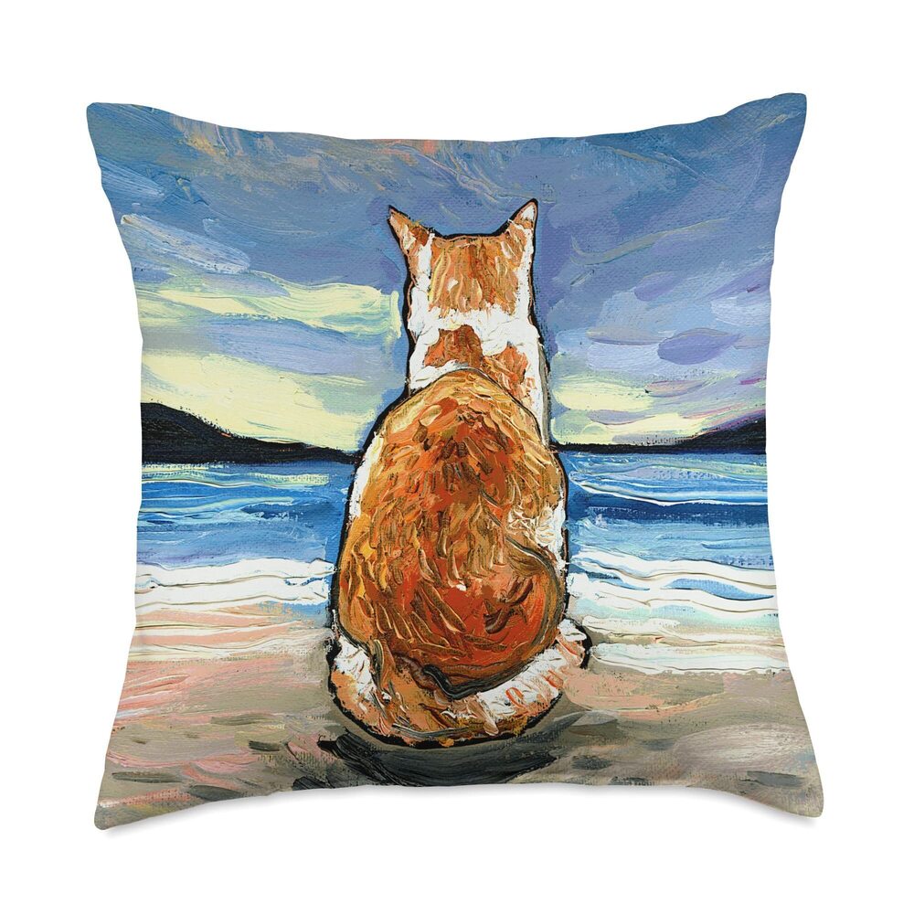 4725 Orange and White Tabby Cat on the Beach Ocean Art by Aja Throw Pillow